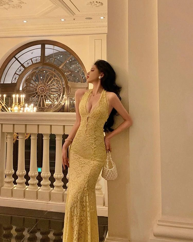 Sexy Pastel Yellow Mermaid Halter Lace Without Sleeves Long Prom Dress, Evening Dress - View 3 | VelvetHem