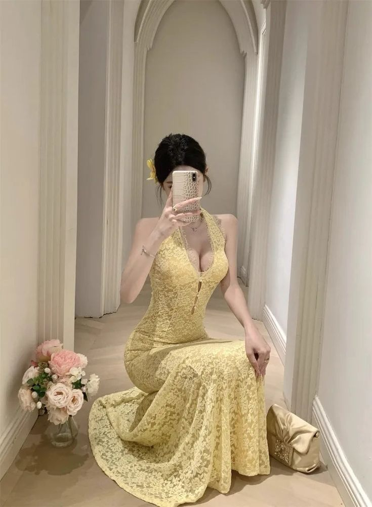 Sexy Pastel Yellow Mermaid Halter Lace Without Sleeves Long Prom Dress, Evening Dress - View 7 | VelvetHem