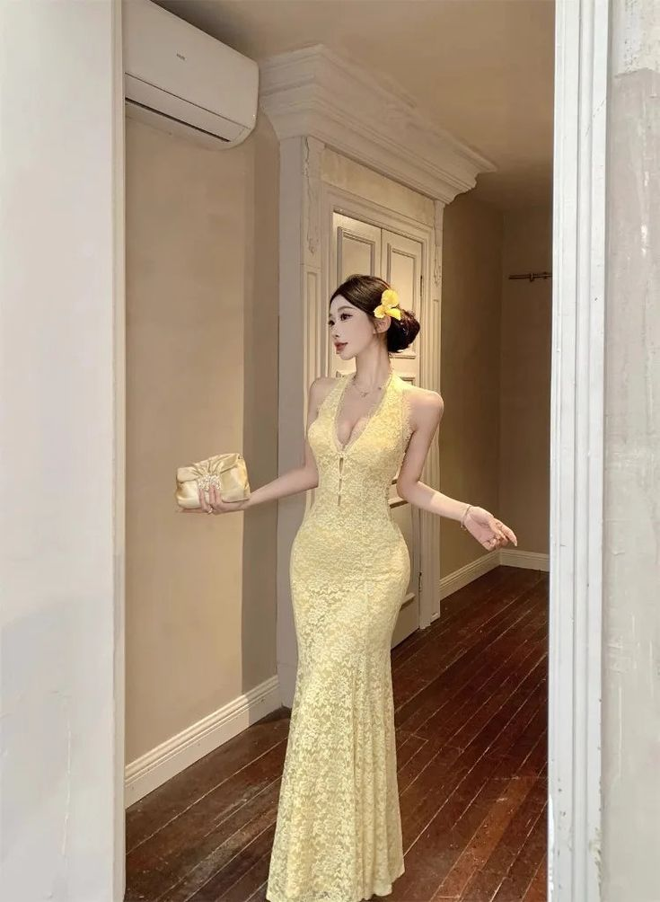 Sexy Pastel Yellow Mermaid Halter Lace Without Sleeves Long Prom Dress, Evening Dress - View 9 | VelvetHem