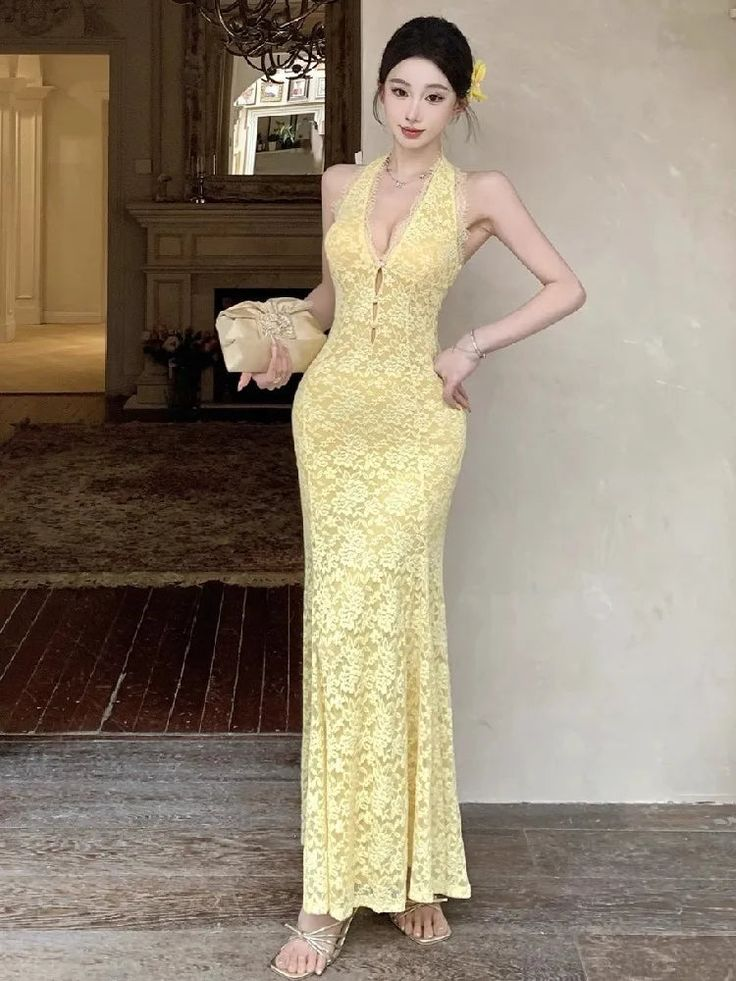 Sexy Pastel Yellow Mermaid Halter Lace Without Sleeves Long Prom Dress, Evening Dress - View 10 | VelvetHem