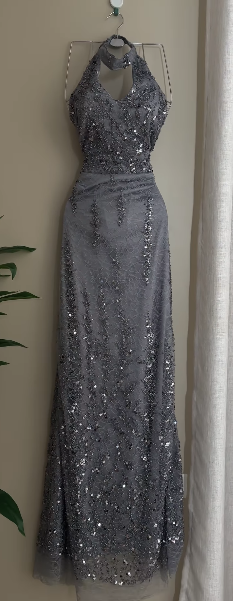 Shiny Gray Mermaid Halter Tulle Sequin Without Sleeves Long Prom Dress, Evening Dress - View 2 | VelvetHem