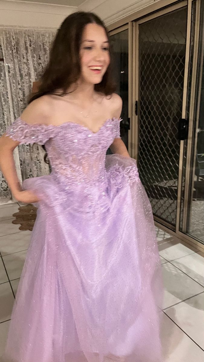 Lilac A Line Off The Shoulder Tulle Lace Sqeuin Without Sleeves Long Prom Dress, Evening Dress