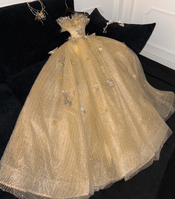 Princess A Line Strapless Tulle Sequin Beaded Without Sleeves Long Prom Dress, Evening Dress