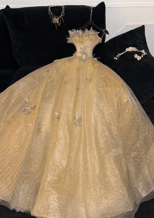 Princess A Line Strapless Tulle Sequin Beaded Without Sleeves Long Prom Dress, Evening Dress - View 6 | VelvetHem