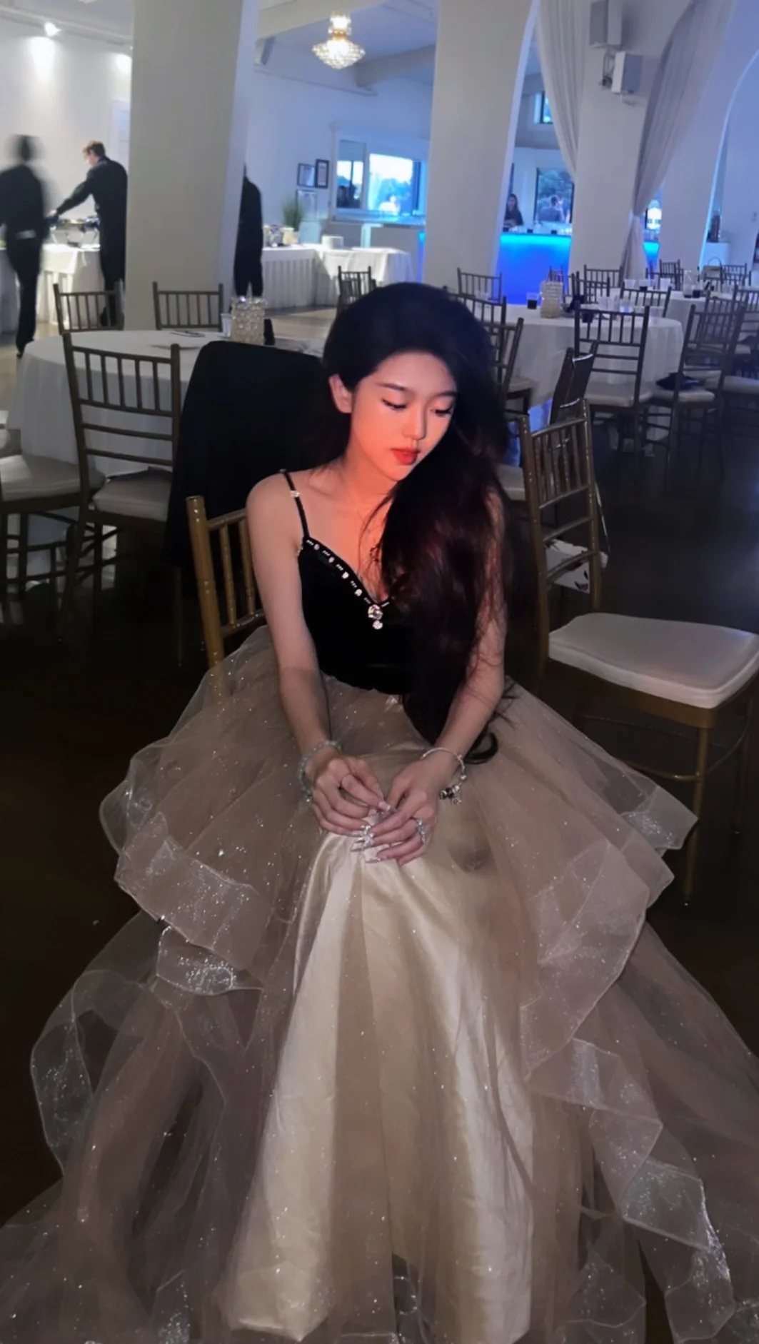 Princess Ball Gown Spaghetti Straps Satin Tulle Sequin Beaded Without Sleeves Long Prom Dress, Evening Dress - View 2 | VelvetHem