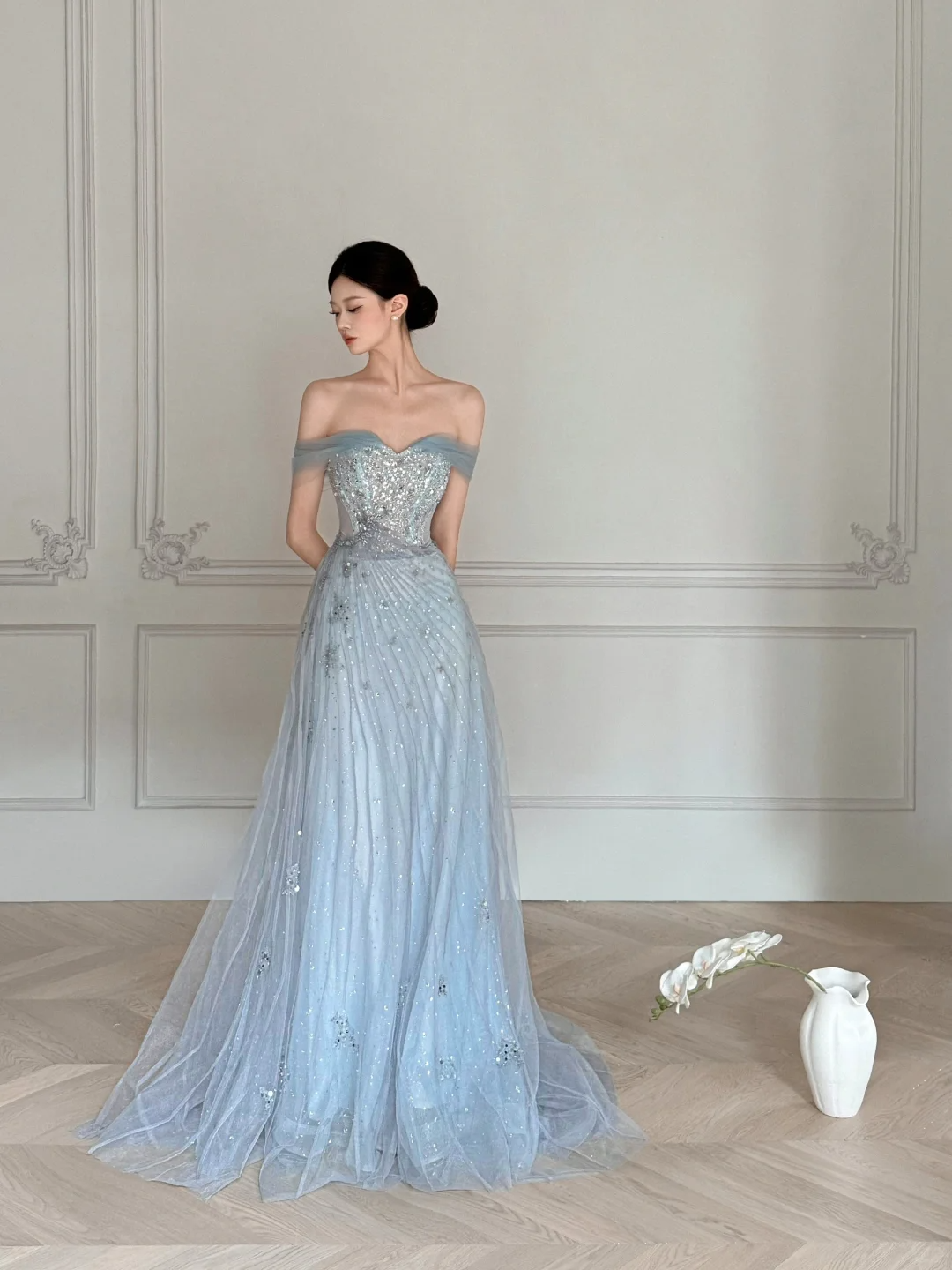Obsessed A Line Off The Shoulder Tulle Beaded Without Sleeves Long Prom Dress, Evening Dress