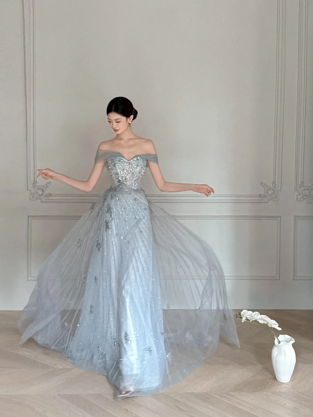 Obsessed A Line Off The Shoulder Tulle Beaded Without Sleeves Long Prom Dress, Evening Dress - View 4 | VelvetHem