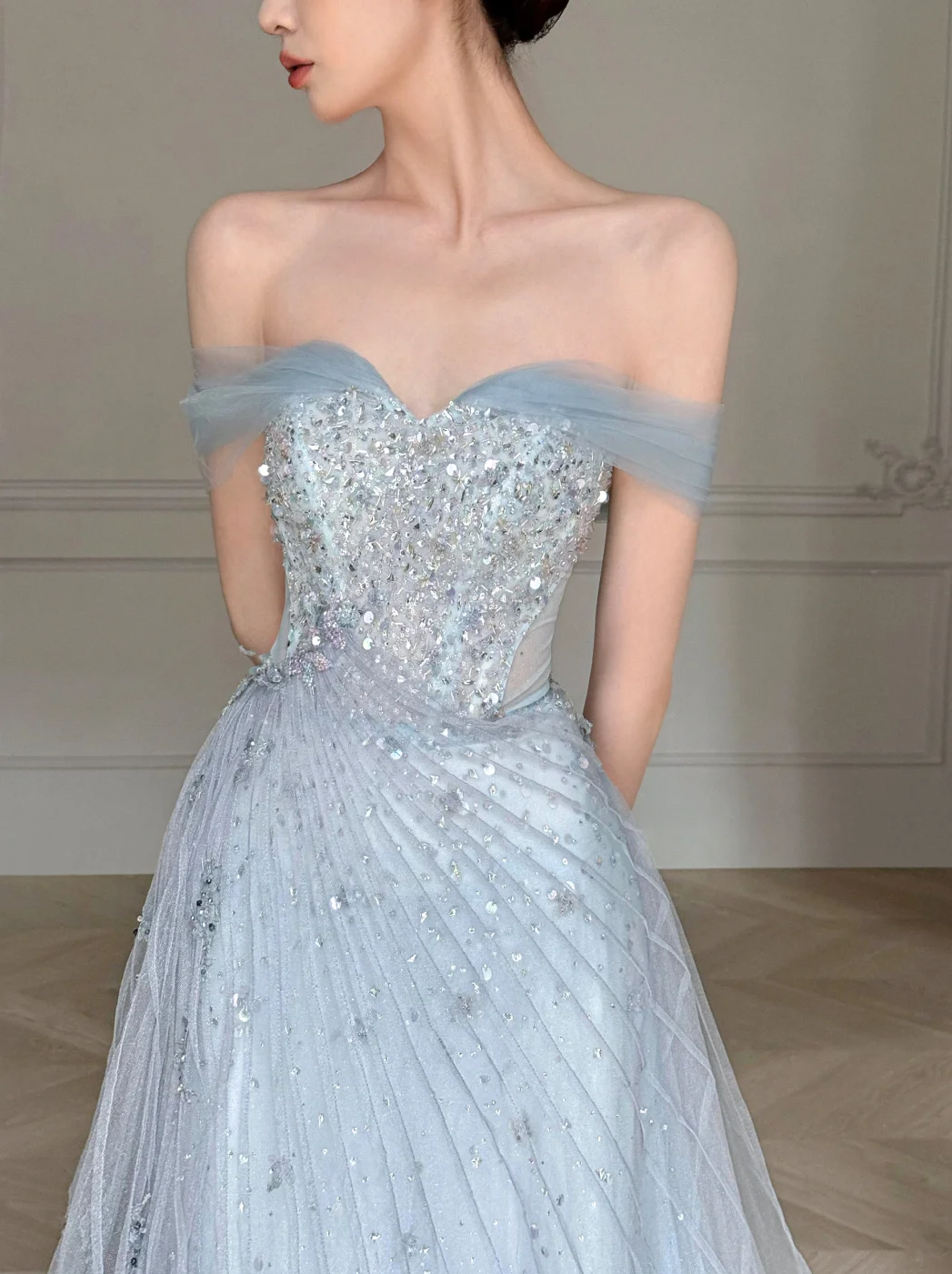 Obsessed A Line Off The Shoulder Tulle Beaded Without Sleeves Long Prom Dress, Evening Dress - View 5 | VelvetHem