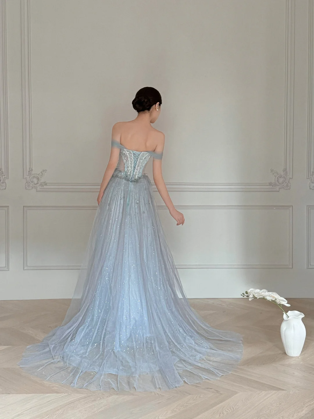 Obsessed A Line Off The Shoulder Tulle Beaded Without Sleeves Long Prom Dress, Evening Dress - View 6 | VelvetHem