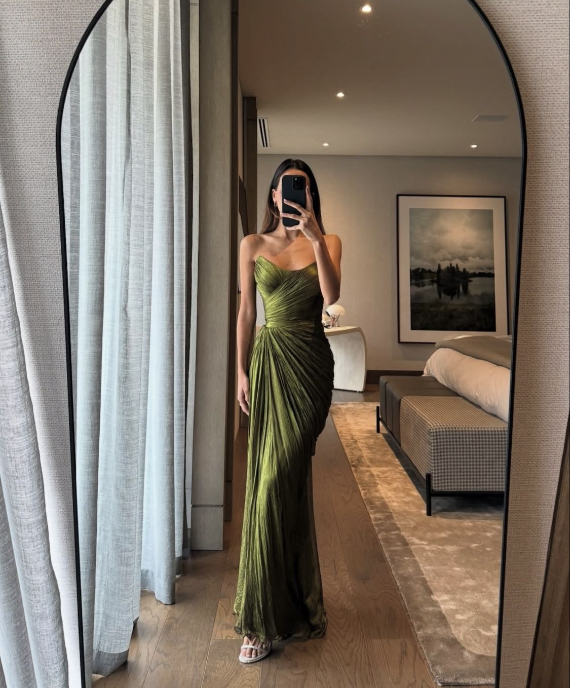 Vintage Green Strapless Tulle Pleated Mermaid Long Evening Dress Formal Guest Dress