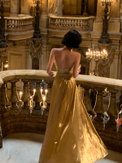 Gold A Line Strapless Satin Without Sleeves Long Prom Dress, Evening Dress - View 2 | VelvetHem