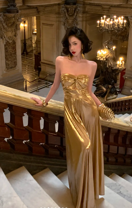 Gold A Line Strapless Satin Without Sleeves Long Prom Dress, Evening Dress - View 3 | VelvetHem