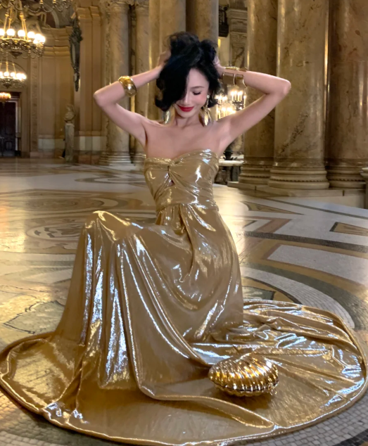 Gold A Line Strapless Satin Without Sleeves Long Prom Dress, Evening Dress - View 5 | VelvetHem