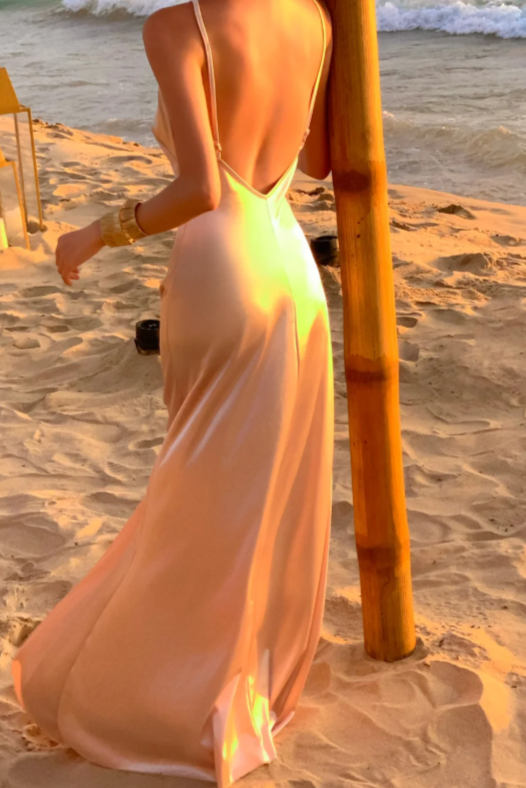 Sexy A Line Spaghetti Straps Satin Backless Without Sleeves Long Prom Dress, Evening Dress - View 5 | VelvetHem