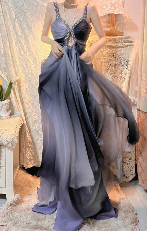 Gradient A Line Spaghetti Straps Chiffon Beaded Without Sleeves Long Prom Dress, Evening Dress