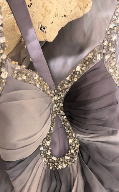 Gradient A Line Spaghetti Straps Chiffon Beaded Without Sleeves Long Prom Dress, Evening Dress - View 4 | VelvetHem