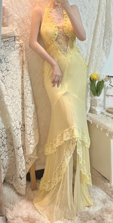 Pretty Pastel Yellow Mermaid Halter Chiffon Lace Long Prom Dress, Evening Dress - View 5 | VelvetHem