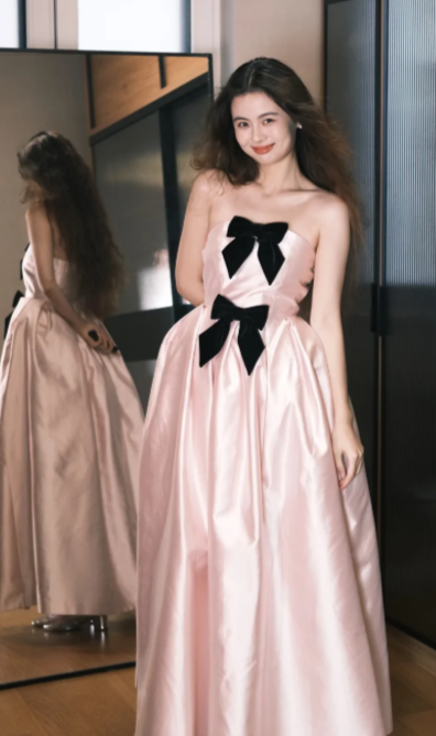 Sweet Pink A Line Strapless Satin With Bow Long Prom Dress, Evening Dress - View 2 | VelvetHem