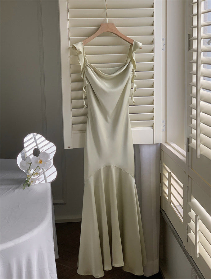 Sexy Mermaid Straps Sage Green Silk Satin Long Prom Dresses - View 4 | VelvetHem