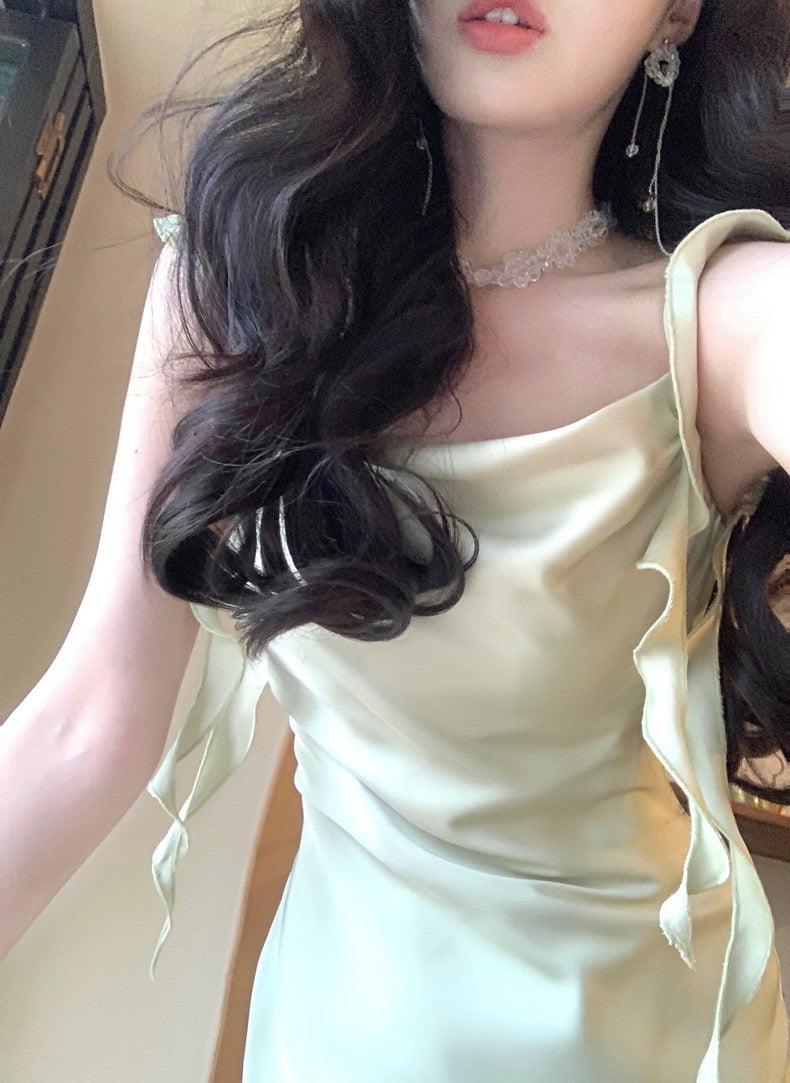 Sexy Mermaid Straps Sage Green Silk Satin Long Prom Dresses - View 6 | VelvetHem
