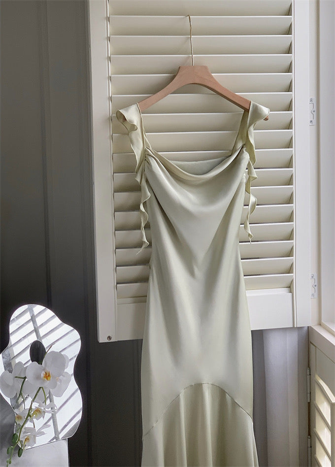 Sexy Mermaid Straps Sage Green Silk Satin Long Prom Dresses - View 3 | VelvetHem