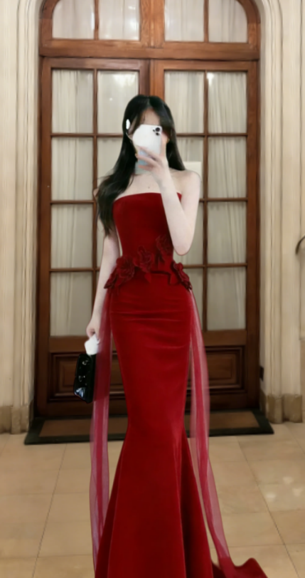 Obsessed Mermaid Burgundy Strapless Satin Tulle Long Prom Dress, Evening Dress - VelvetHem