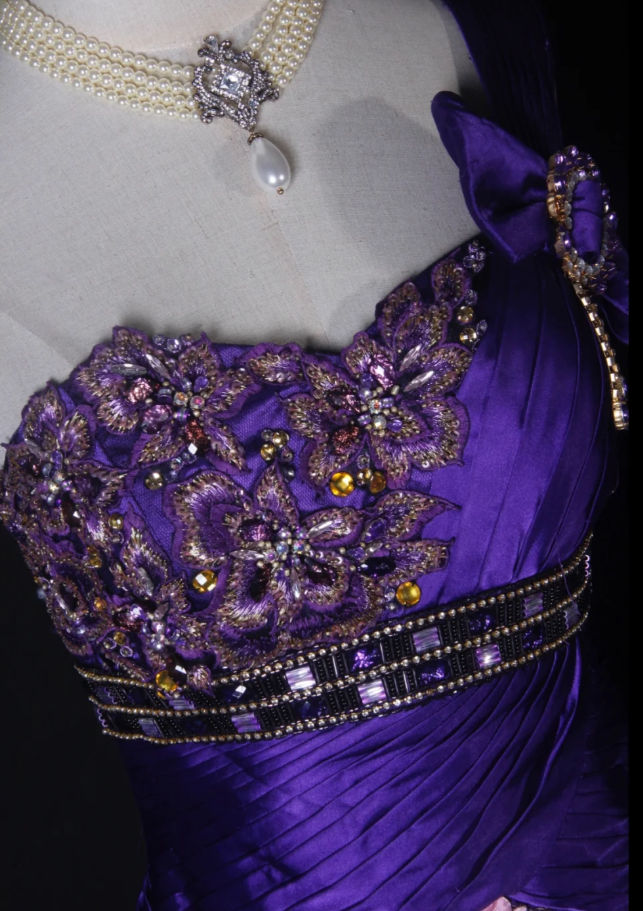 Charming Purple One Shoulder Satin Pleated Beaded Mermaid Prom Dress Evening Gown With Embroidery Appliques - View 3 | VelvetHem