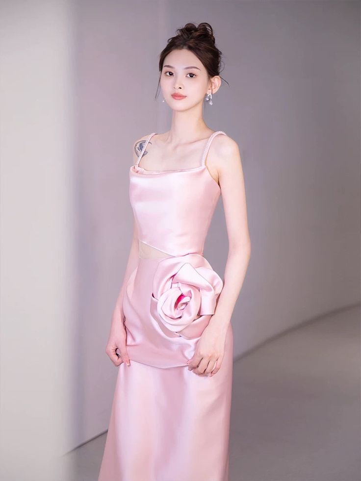 Elegant Pink Straps Sheath Prom Dress Evening Dress With Rose Flowers - View 3 | VelvetHem