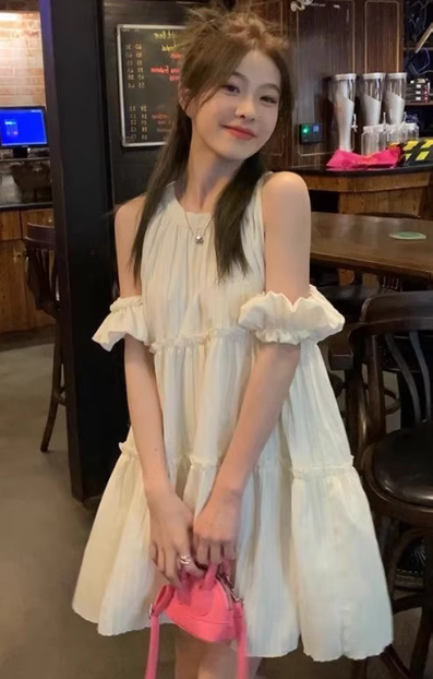 Off-shoulder summer 2025 new sweet and slimming A-line short dress