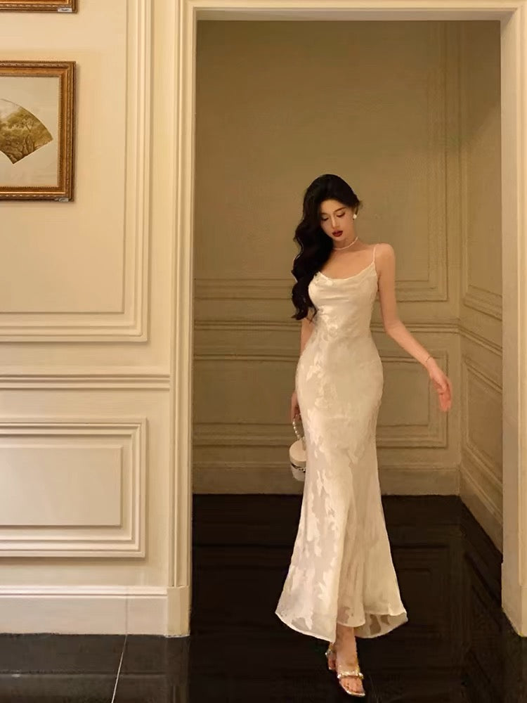 Gorgeous Mermaid Spaghetti Straps Date Night Dress Floral Ivory Satin Prom Dresses Birthday Outfit - View 2 | VelvetHem