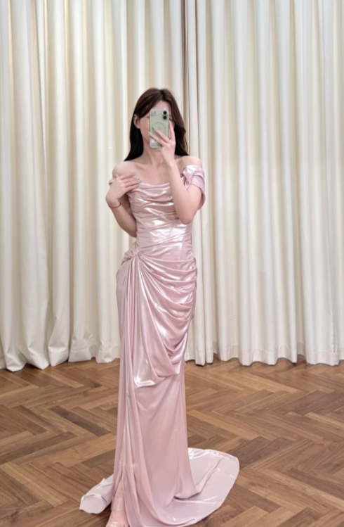 Pretty Pink Mermaid Off The Shoulder Pleated Satin Slit Long Prom Dress, Evening Dress - VelvetHem