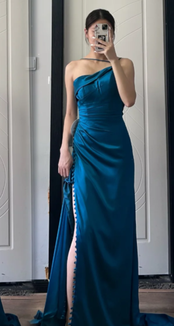 Vintage Mermaid One Shoulder Satin Slit Long Prom Dress, Evening Dress - VelvetHem