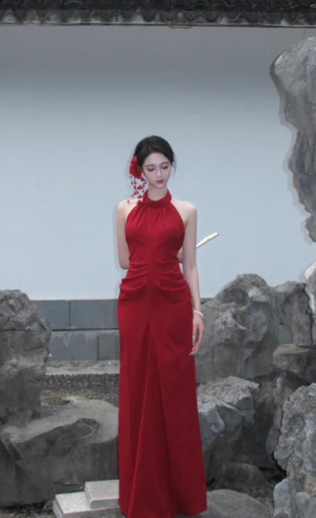 Charming Red Mermaid Halter Satin Backless Long Prom Dress, Evening Dress - VelvetHem