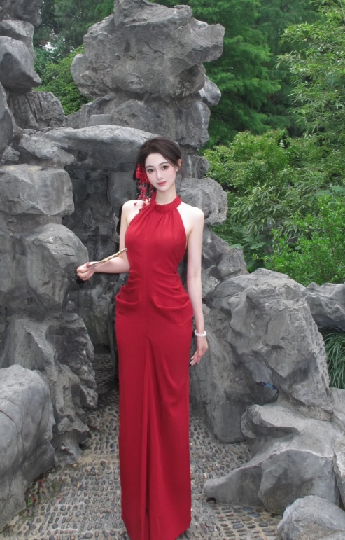 Charming Red Mermaid Halter Satin Backless Long Prom Dress, Evening Dress - View 3 | VelvetHem
