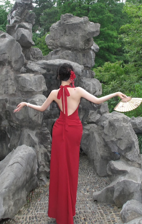Charming Red Mermaid Halter Satin Backless Long Prom Dress, Evening Dress - View 4 | VelvetHem