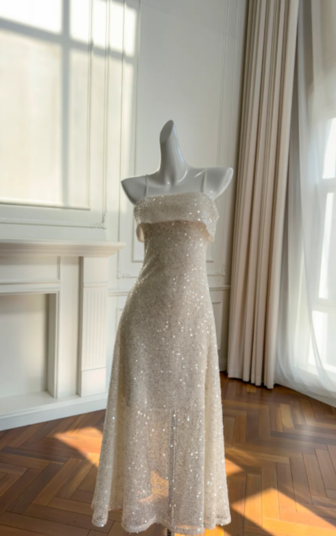 Shiny A Line Spaghetti Straps Sequin Long Prom Dress, Evening Dress - VelvetHem