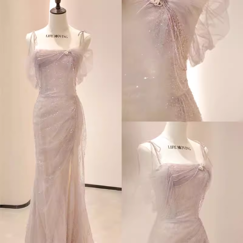 Sexy Mermaid Spaghetti Straps Pink Tulle Long Prom Dress