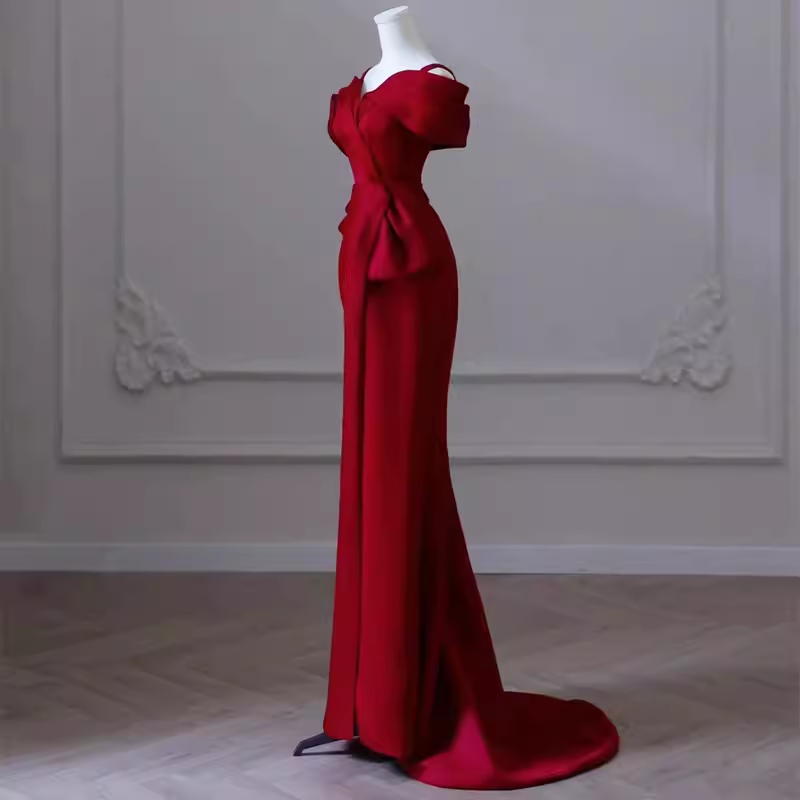 Sexy Mermaid Off The Shoulder Satin Burgundy Long Prom Dresses - View 2 | VelvetHem