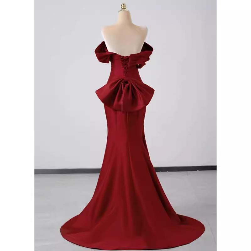 Sexy Mermaid Off The Shoulder Satin Burgundy Long Prom Dresses - View 4 | VelvetHem