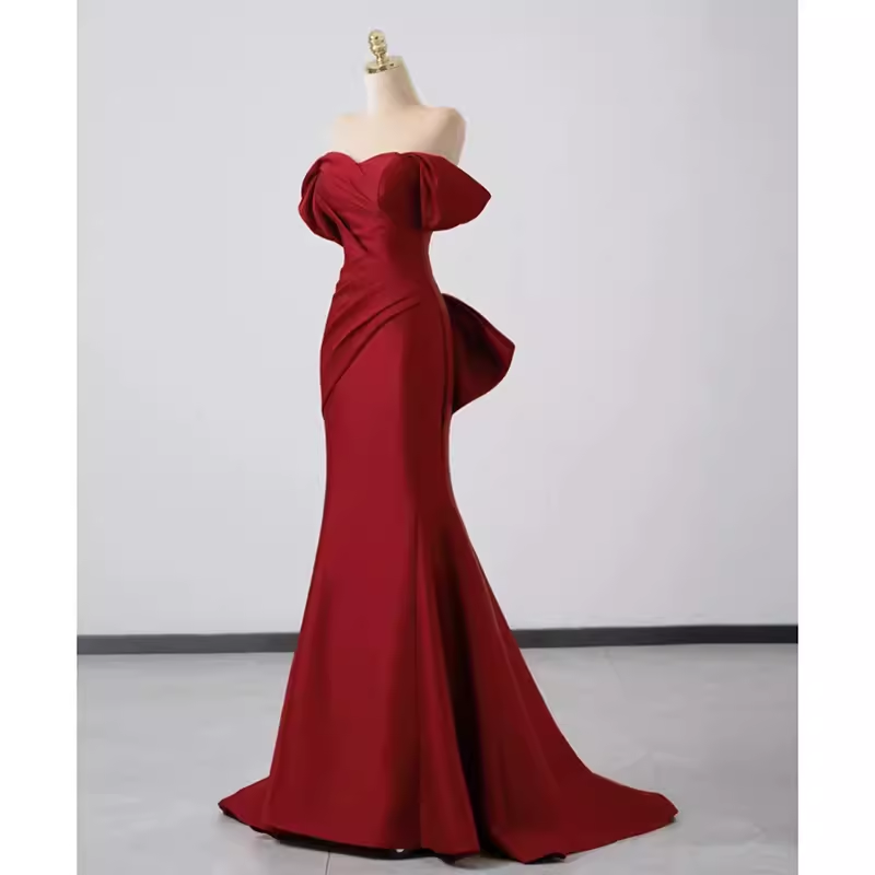 Sexy Mermaid Off The Shoulder Satin Burgundy Long Prom Dresses - View 2 | VelvetHem