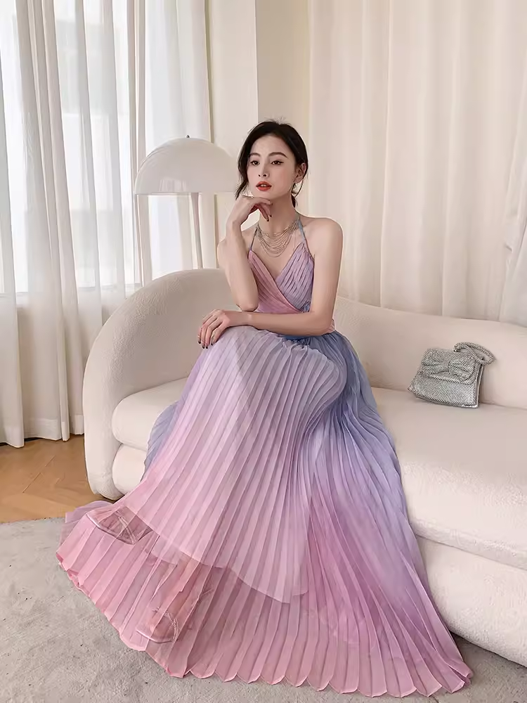 Vintage Mermaid Halter Sleeveless Ombre Pink Long Prom Dresses C85
