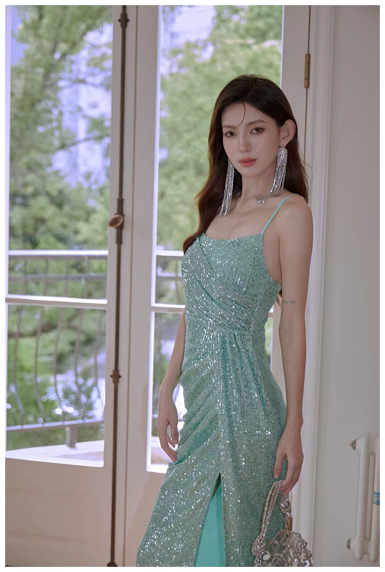 Sparkly Spaghetti Straps Mint Green Sequin Mermaid High Slit Long Prom Dress Evening Dress - View 8 | VelvetHem