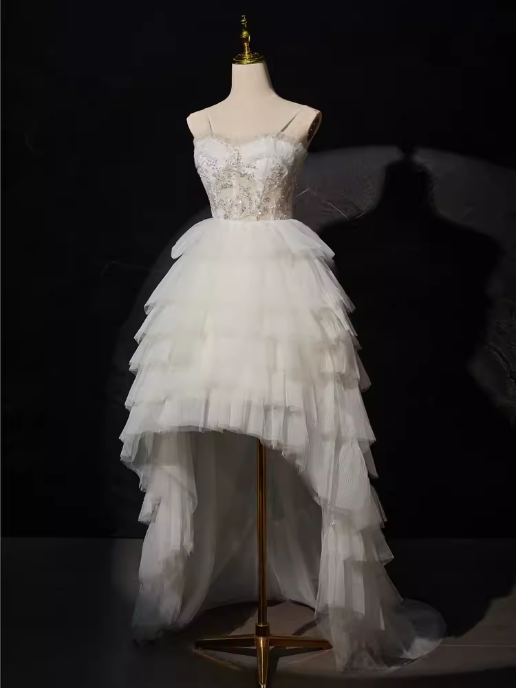 Sexy High Low Straps Sleeveless White Tulle Long Prom Dress