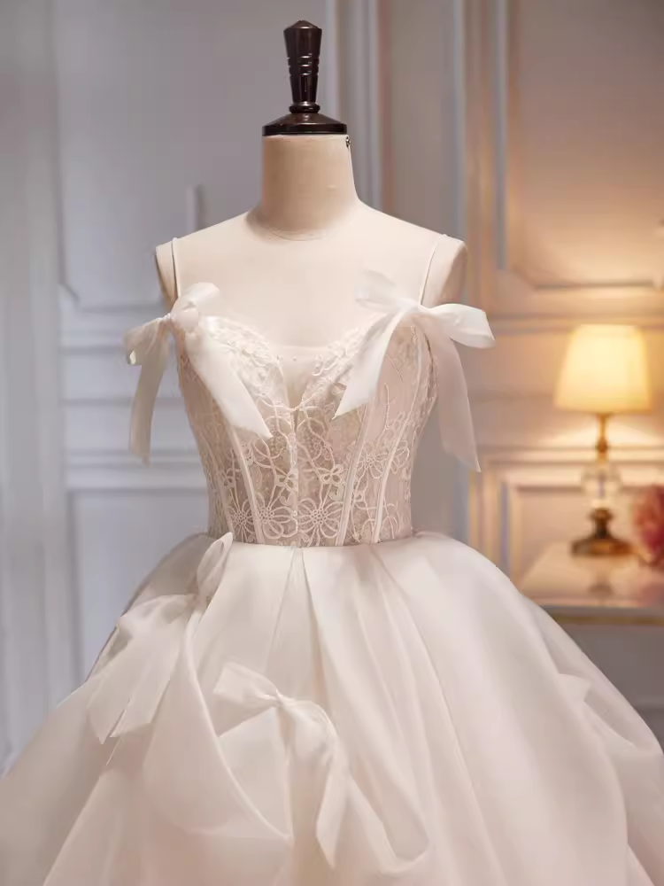 Modest Ball Gown Off The Shoulder Short Sleeves White Tulle Long Prom Dress - View 5 | VelvetHem