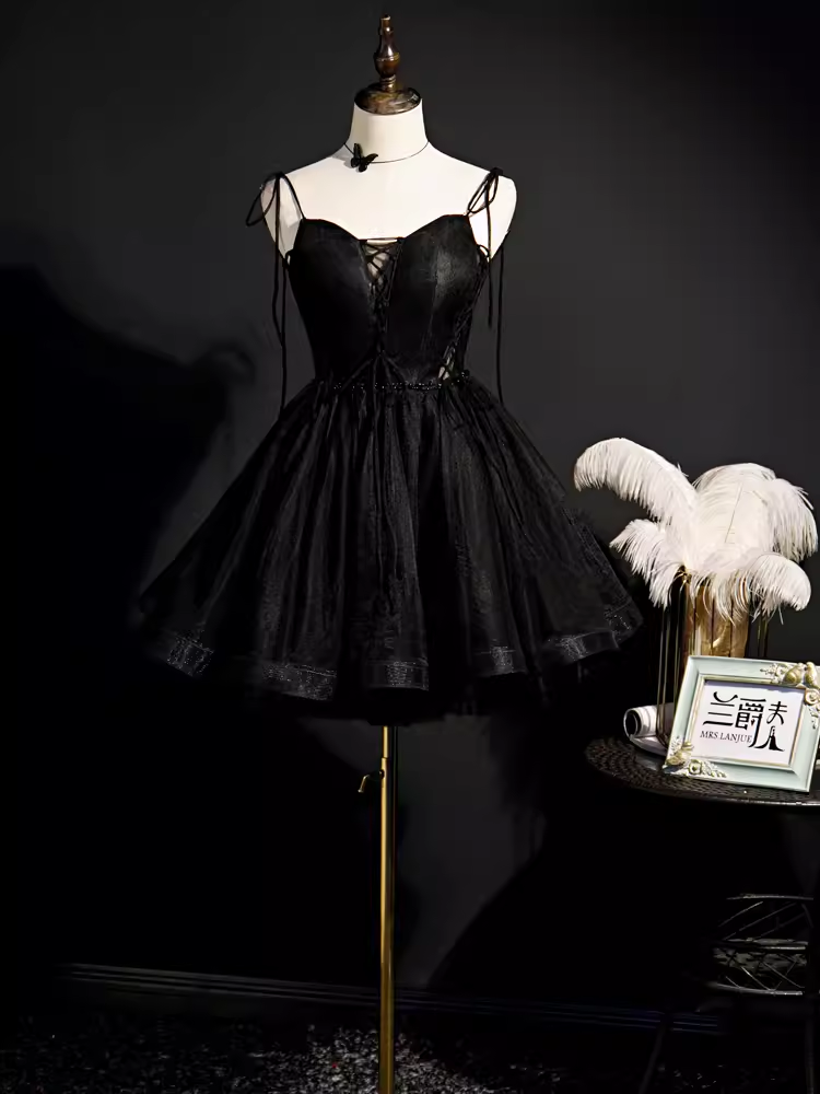 Modest Ball Gown Spaghetti Straps Black Tulle Birthday Outfits Homecoming Dress - View 5 | VelvetHem