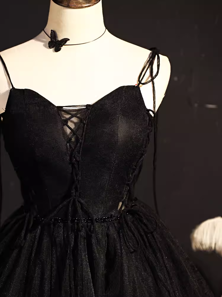 Modest Ball Gown Spaghetti Straps Black Tulle Birthday Outfits Homecoming Dress - View 4 | VelvetHem
