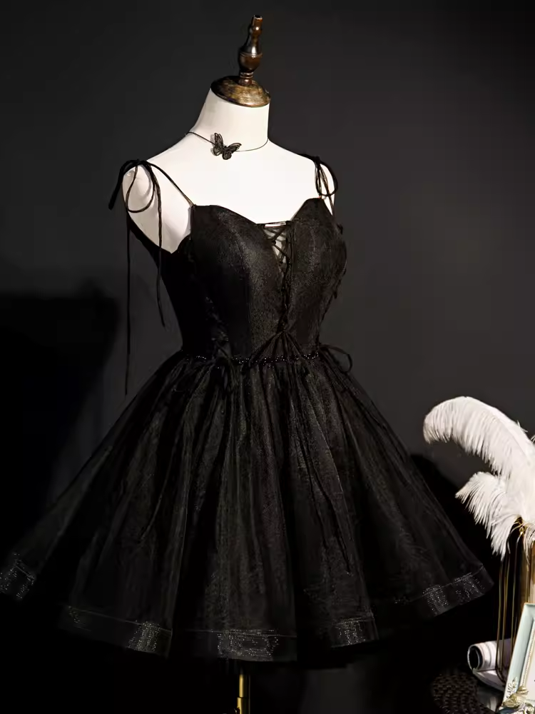 Modest Ball Gown Spaghetti Straps Black Tulle Birthday Outfits Homecoming Dress - View 3 | VelvetHem