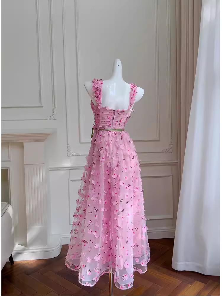Cute A Line Pink Tulle Flowers Long Prom Dress - View 5 | VelvetHem