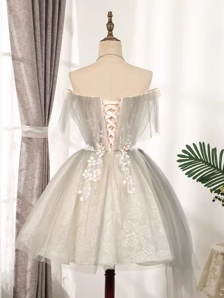 Vintage A line Off The Shoulder Tulle Homecoming Dress 18th Birthday Outfits - View 3 | VelvetHem