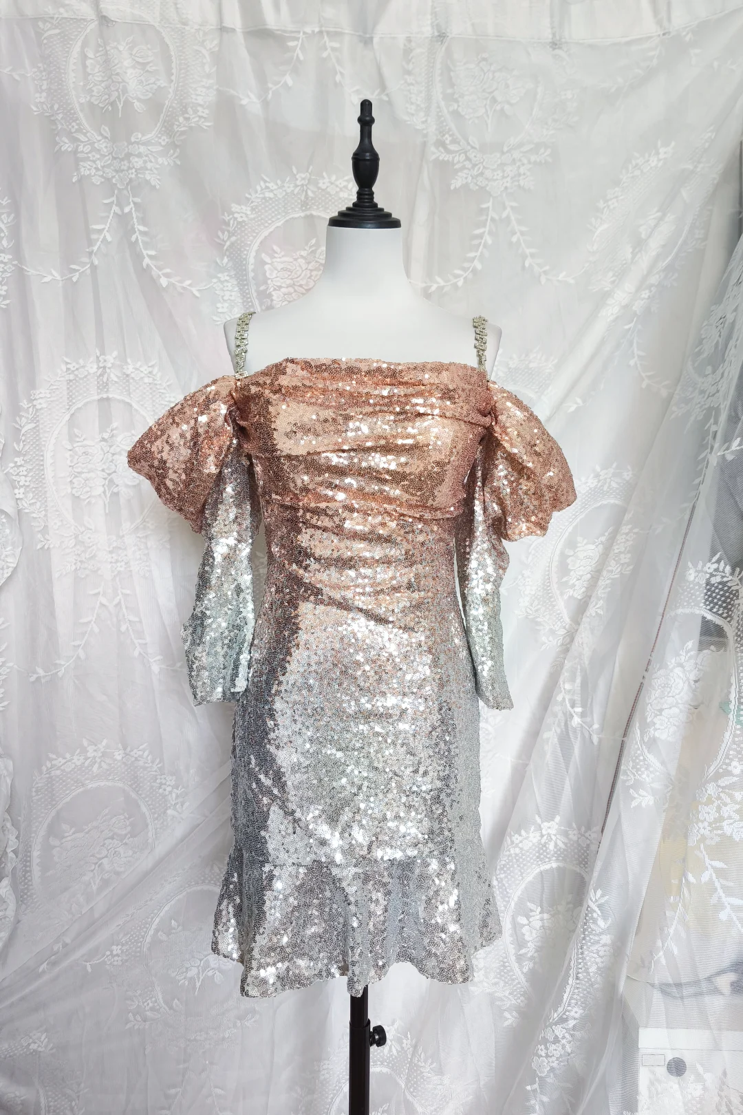Vintage Champagne Ombre Sequin Cocktail Dress Off The Shoulder 6th Grade Homecoming Dresscc - VelvetHem